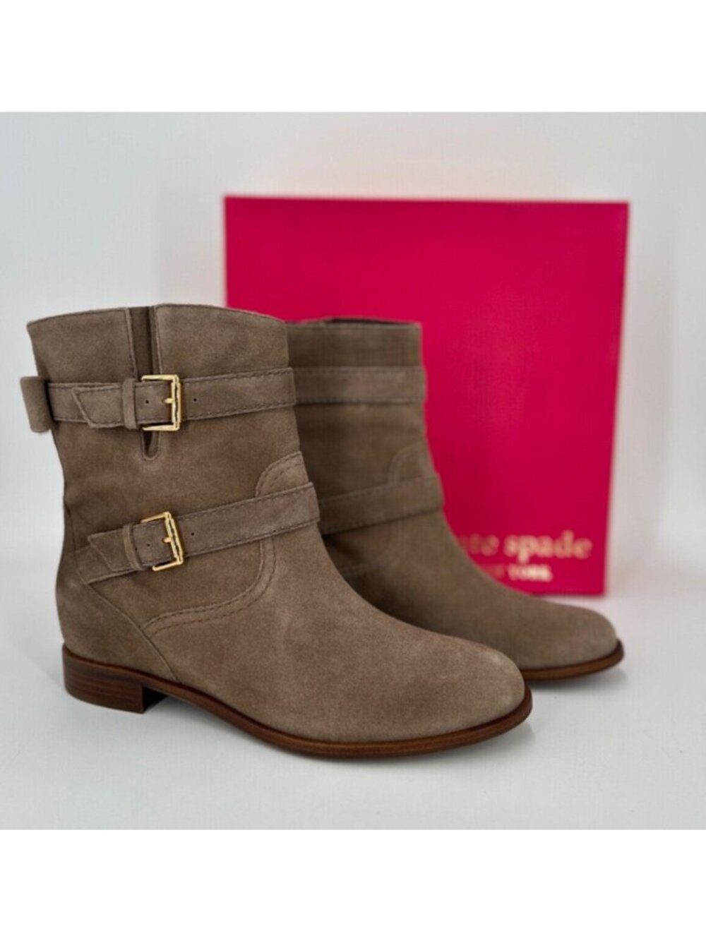 Kate Spade Sabina Bow Ankle Boots sz 9 Mousse Sport Suede Double Buckle Booties